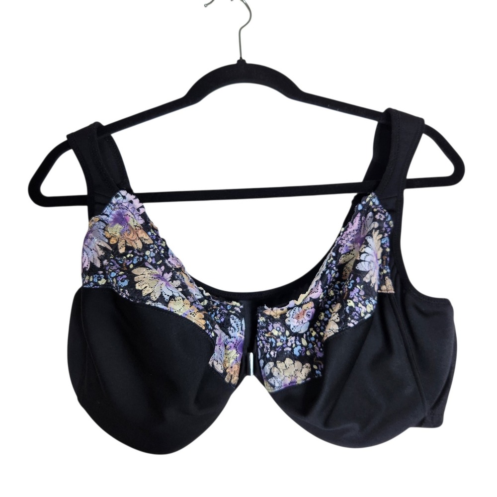 Glamorise 1245 WonderWire Front Close Bra Black Floral Lace 48DD
